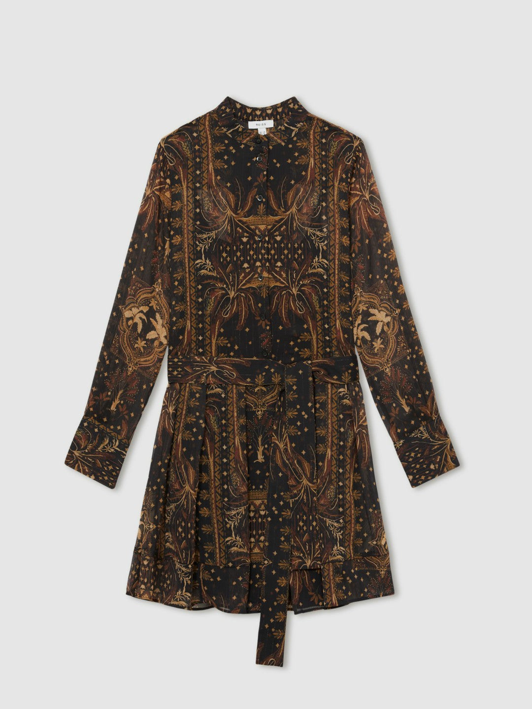 Botanical-Print Chiffon Mini Dress in Navy
