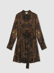 Botanical-Print Chiffon Mini Dress in Navy