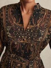 Botanical-Print Chiffon Mini Dress in Navy
