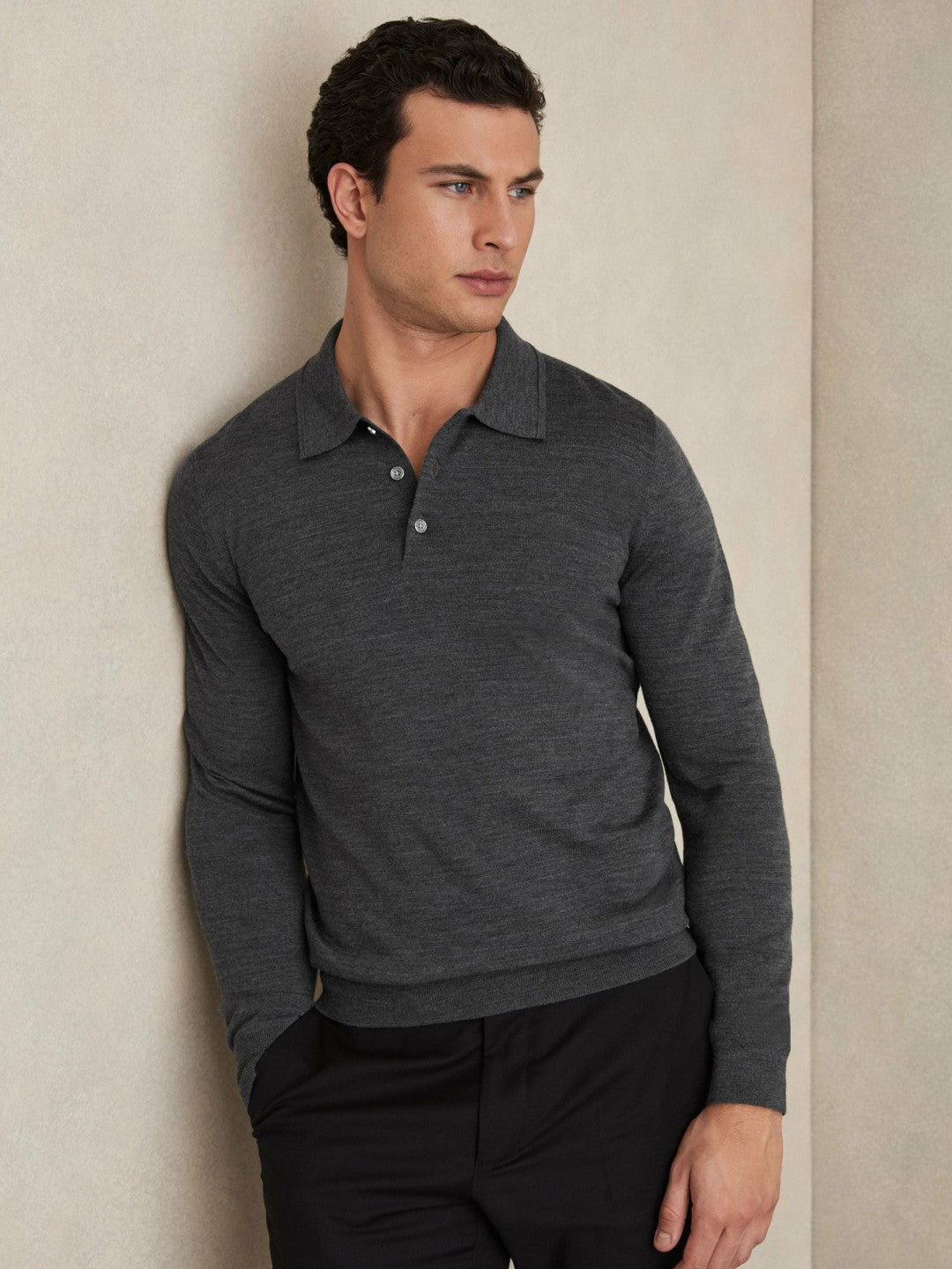 Merino Wool Polo Shirt in Derby Grey Marl