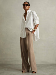 Half-Elasticated Wide Leg Trousers in Mink Neutral