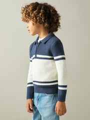 9-13 yrs Half-Zip Colour-Block Polo Shirt in Blue/White