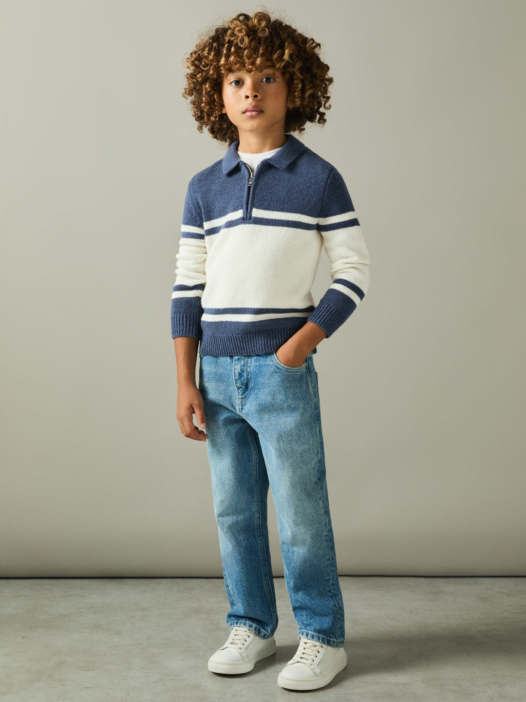 9-13 yrs Half-Zip Colour-Block Polo Shirt in Blue/White