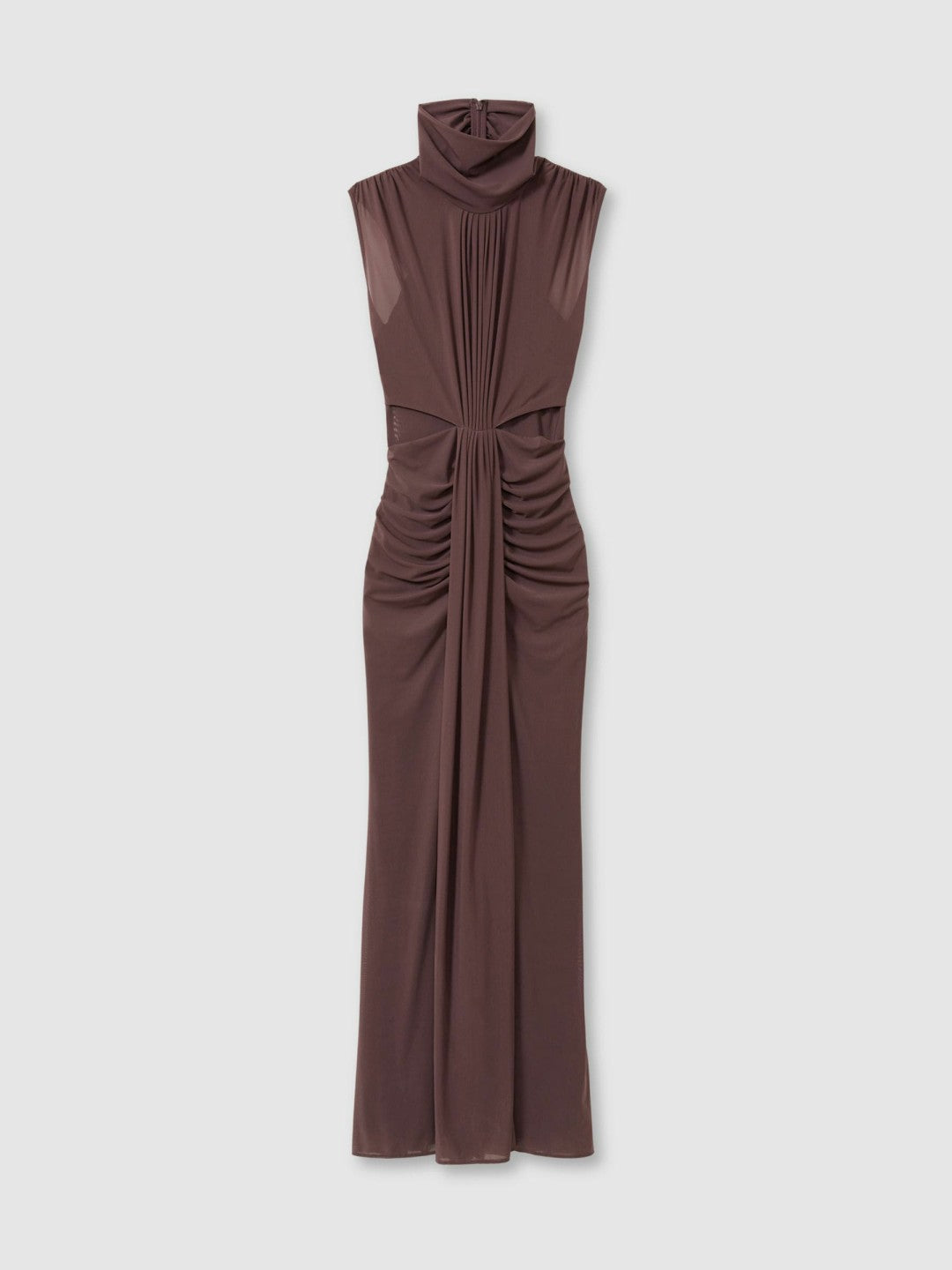 Sheer Ruched Maxi Dress in Taupe