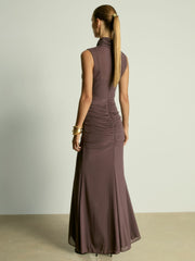 Sheer Ruched Maxi Dress in Taupe