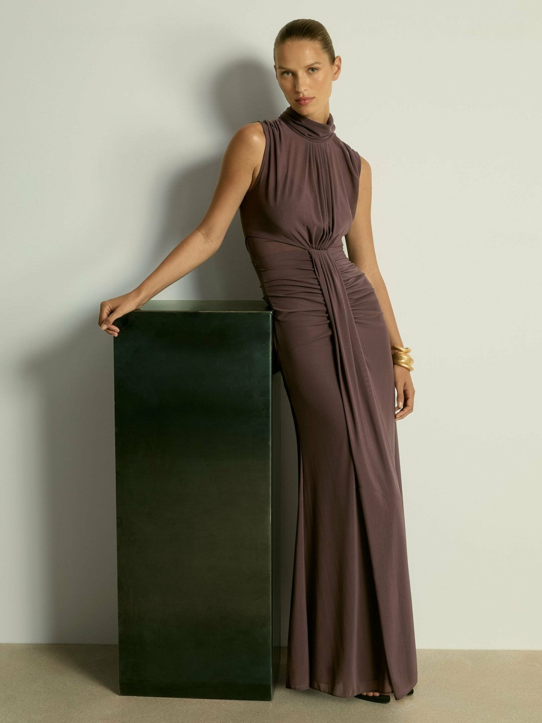 Sheer Ruched Maxi Dress in Taupe