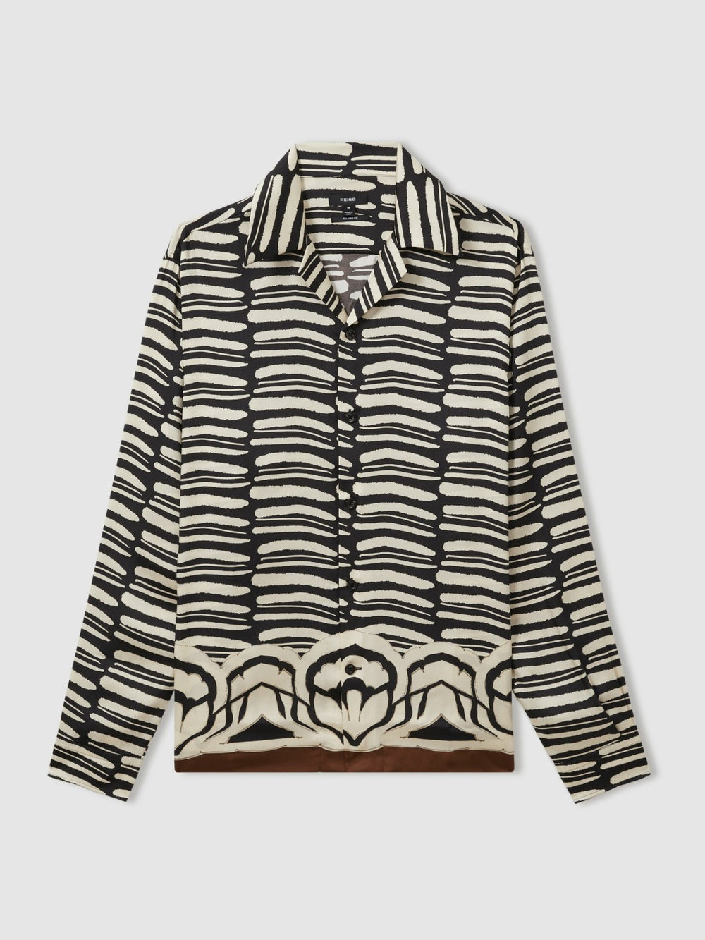 Abstract-Print Twill Cuban-Collar Shirt in Black/White