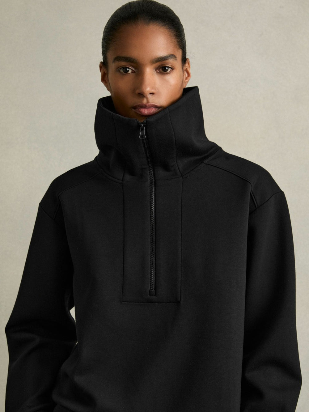 Interlock Half-Zip Drawstring-Hem Sweatshirt in Black