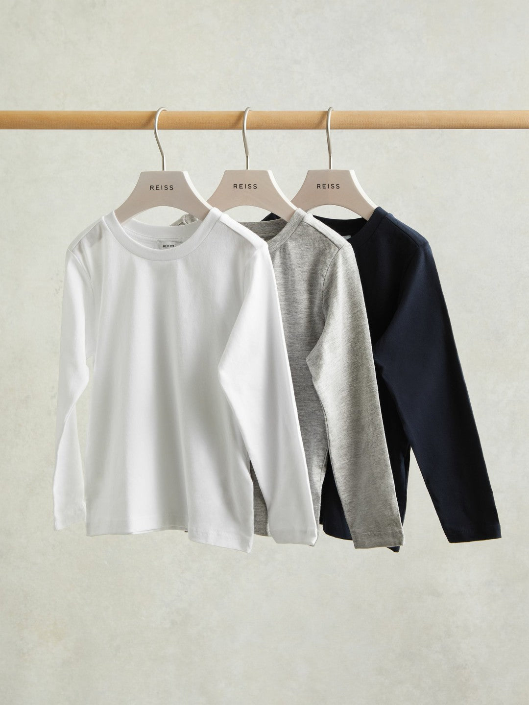 3-9 yrs Cotton Jersey Long Sleeve T-Shirts 3 Pack in White/Soft Grey/Navy