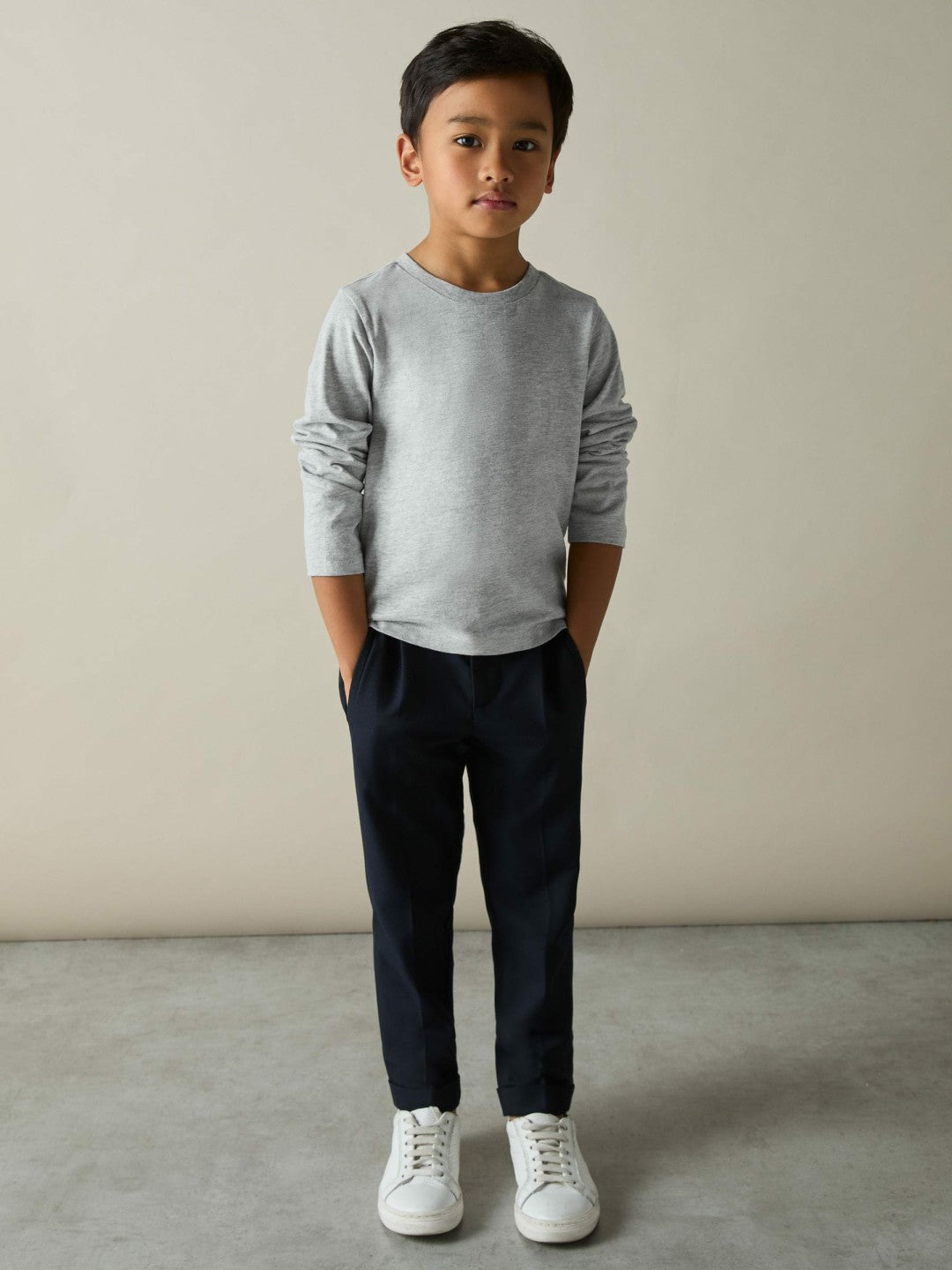 3-9 yrs Cotton Jersey Long Sleeve T-Shirts 3 Pack in White/Soft Grey/Navy