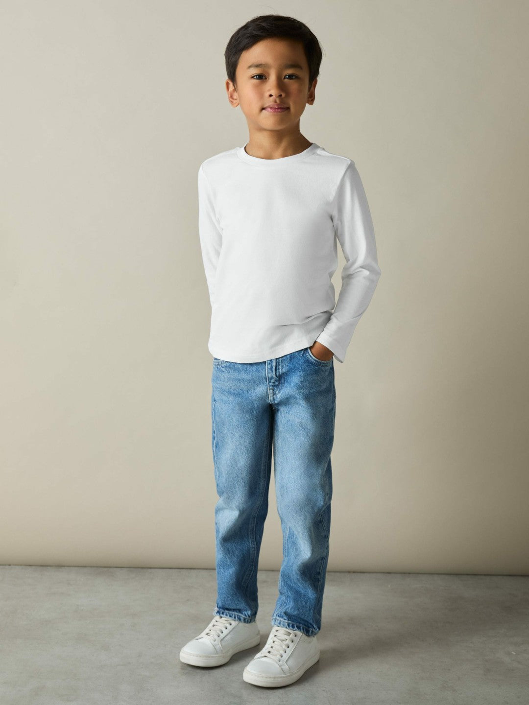3-9 yrs Cotton Jersey Long Sleeve T-Shirts 3 Pack in White/Soft Grey/Navy