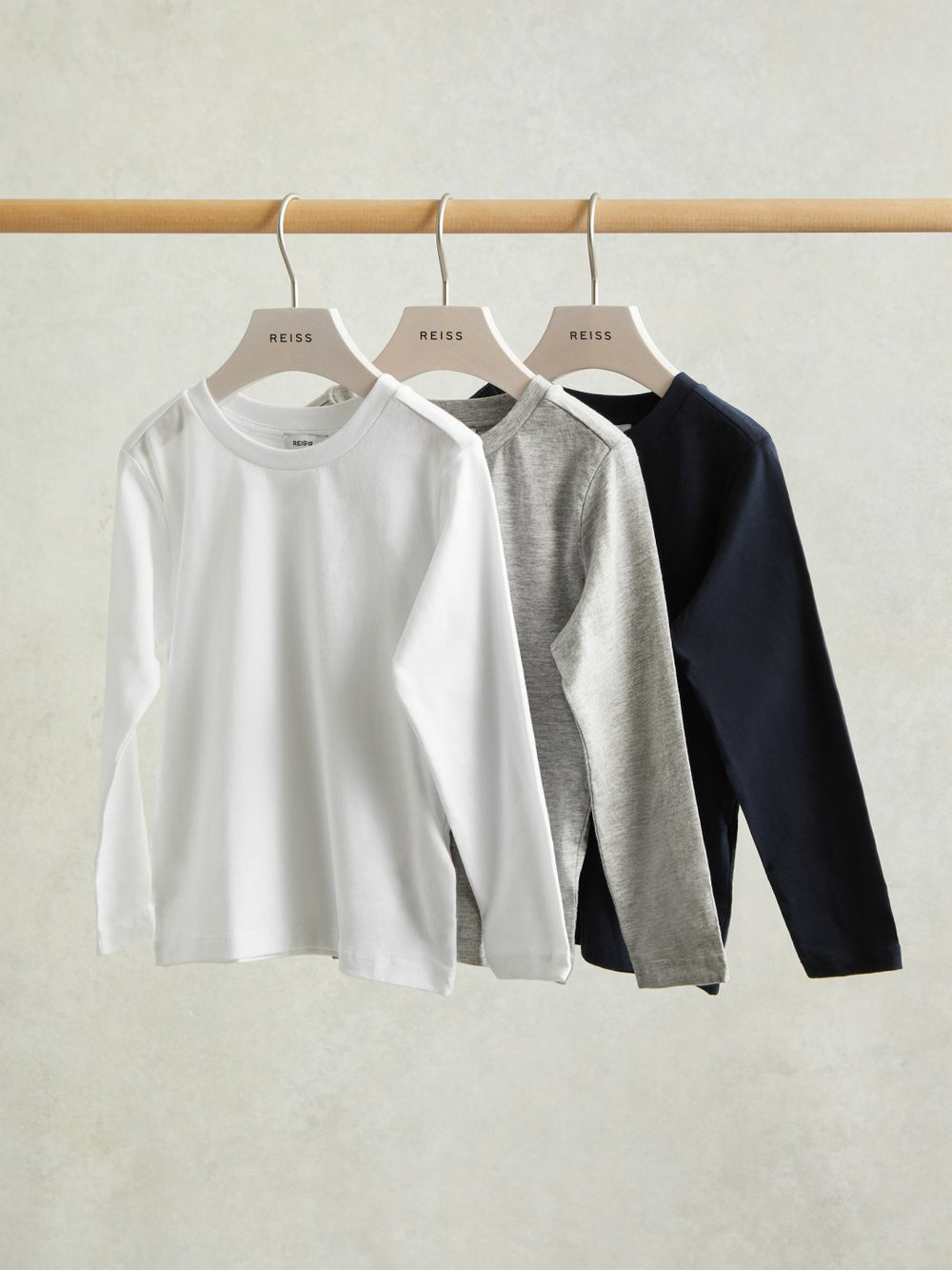 9-13 yrs Cotton Jersey Long Sleeve T-Shirts 3 Pack in White/Soft Grey/Navy