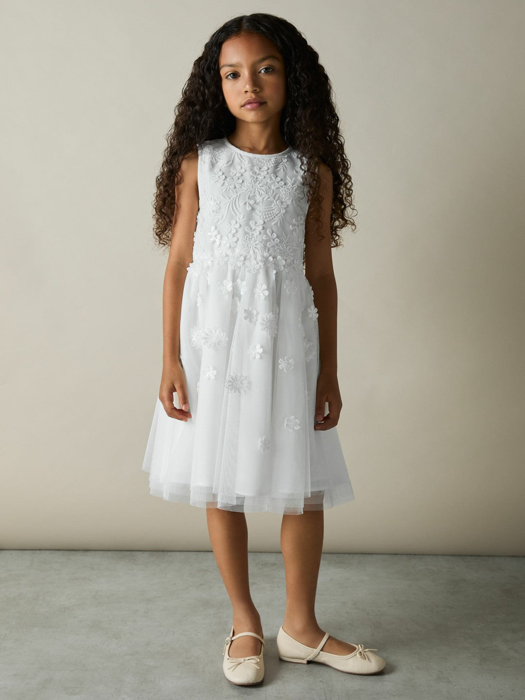 13-14 yrs Tulle Floral-Embroidered Bridesmaid Dress in Ivory