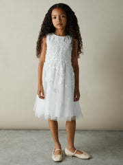 13-14 yrs Tulle Floral-Embroidered Bridesmaid Dress in Ivory