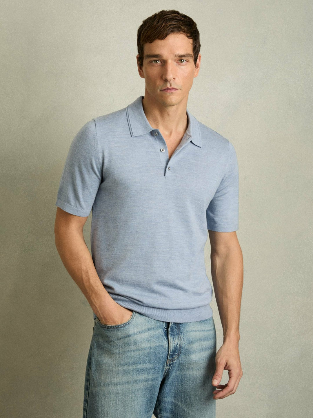 Merino Wool Polo Shirt in Soft Blue