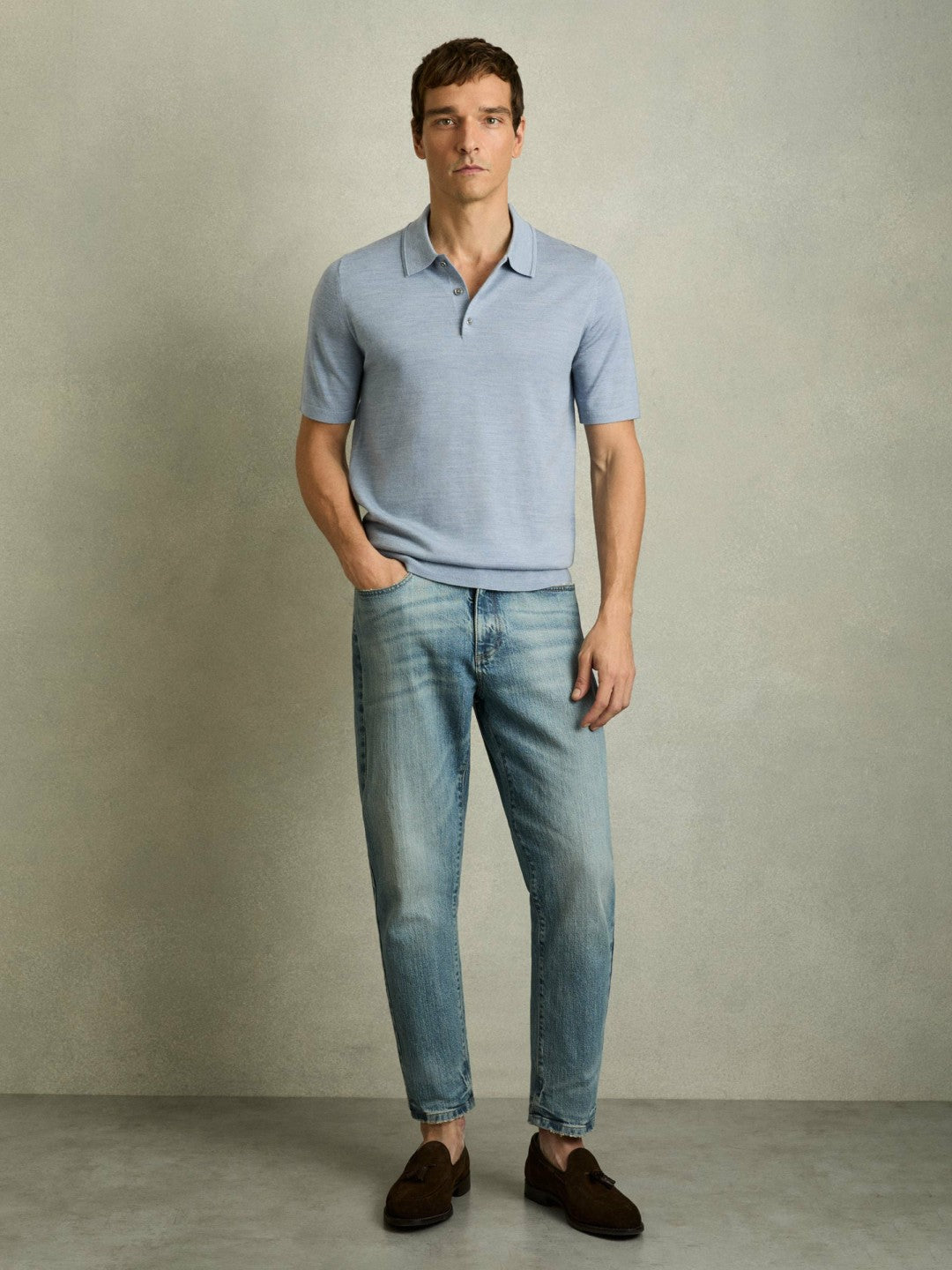 Merino Wool Polo Shirt in Soft Blue