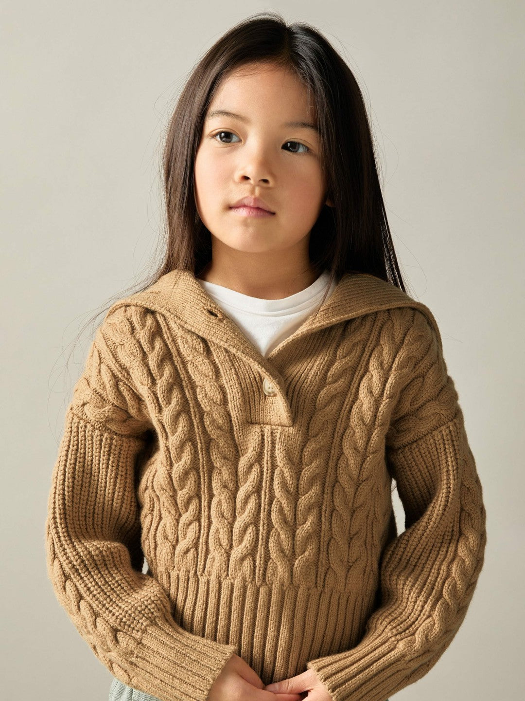 13-14 yrs Cotton-Blend Open-Collar Cable-Knit Jumper With Wool in Camel