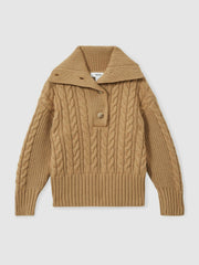 4-9 yrs Cotton-Blend Open-Collar Cable-Knit Jumper With Wool in Camel