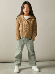 4-9 yrs Cotton-Blend Open-Collar Cable-Knit Jumper With Wool in Camel