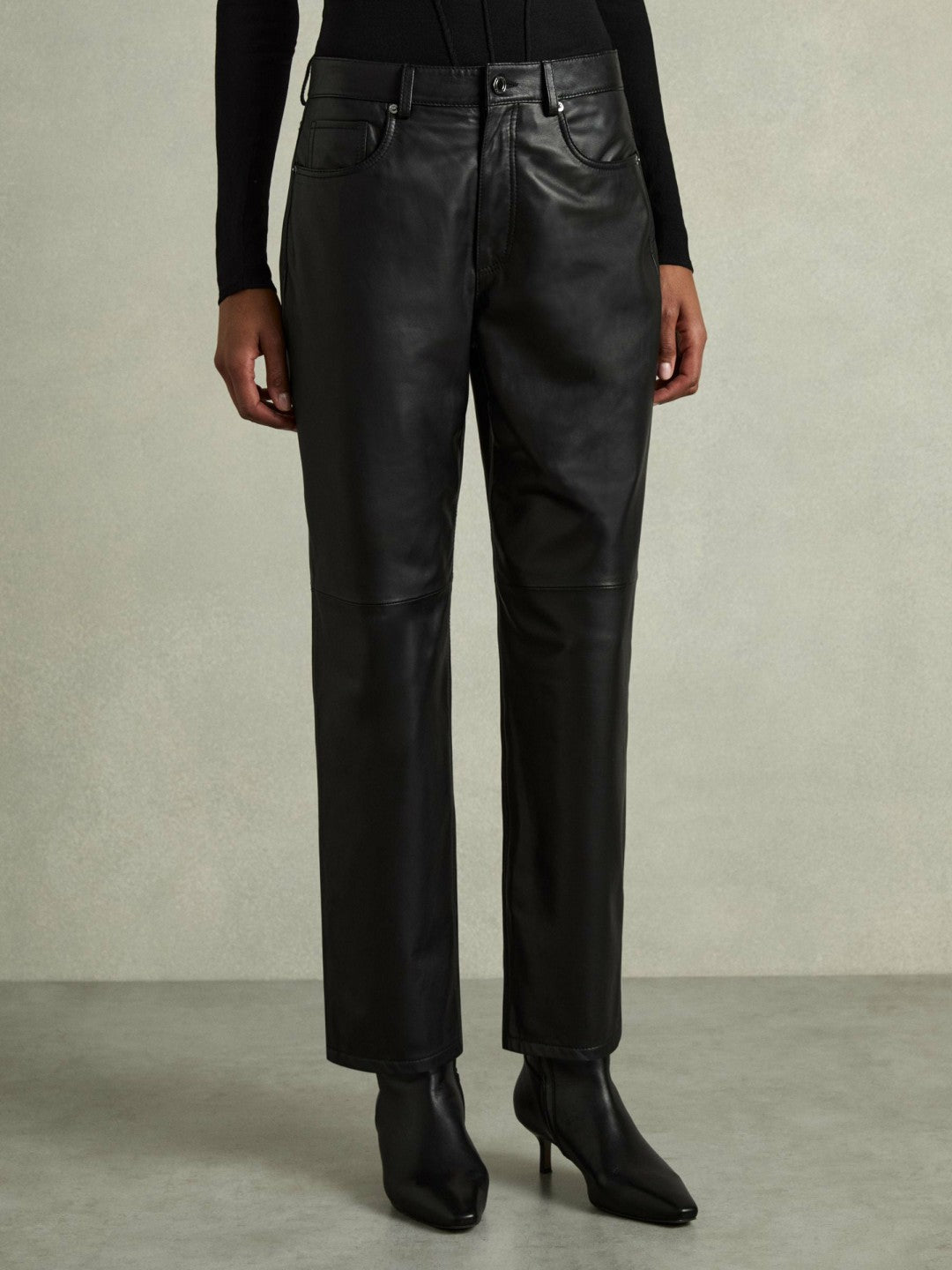 Leather Slim-Leg Trousers in Black