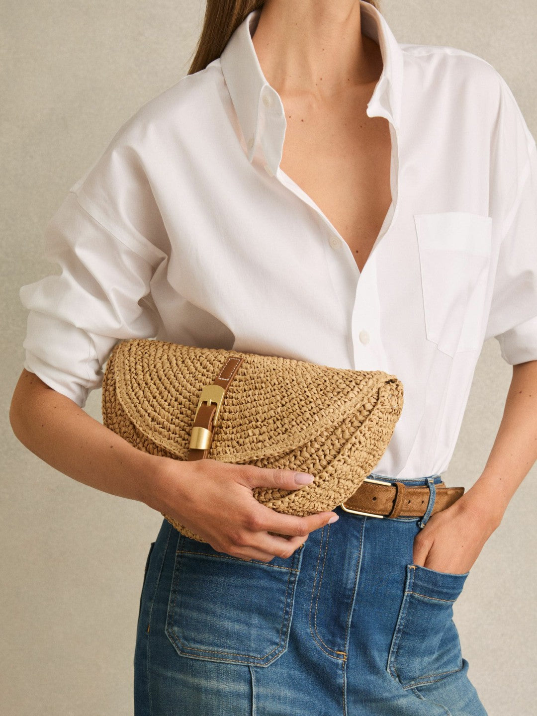 Raffia Half-Moon Clutch Bag in Natural