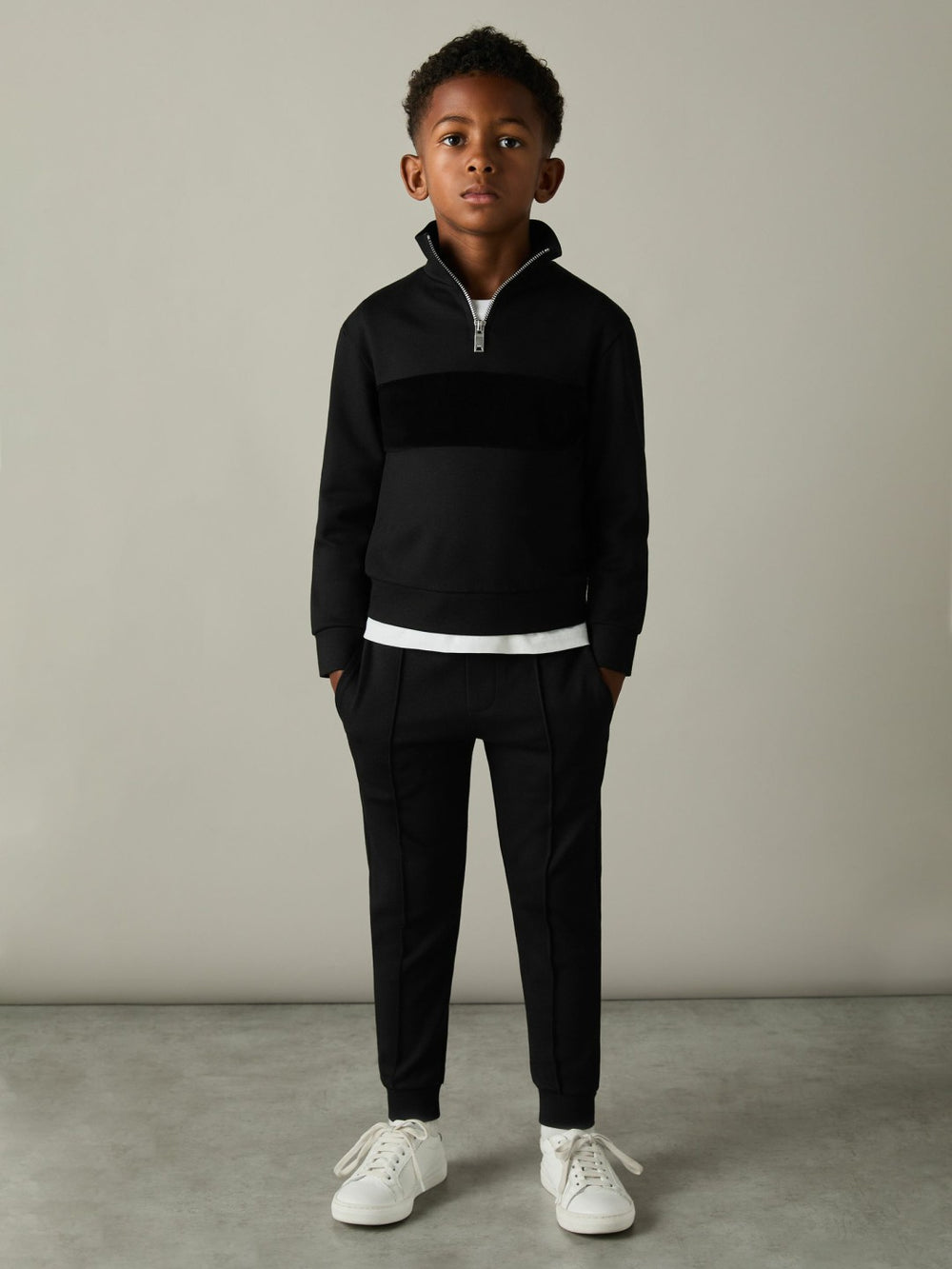 3-9 yrs Slim Fit Half-Zip Funnel Neck Velour Sweatshirt in Black