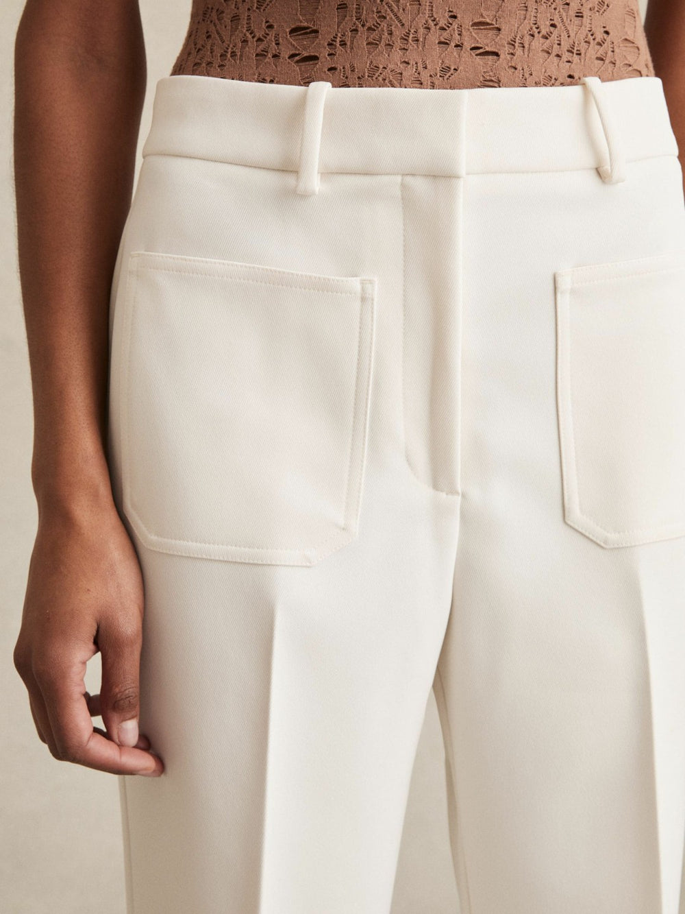 Twill Patch-Pocket Flared Trousers in Cream