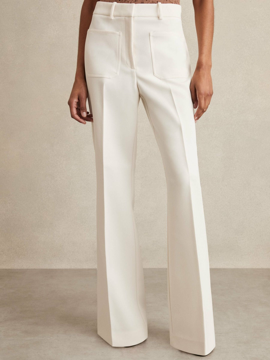 Twill Patch-Pocket Flared Trousers in Cream