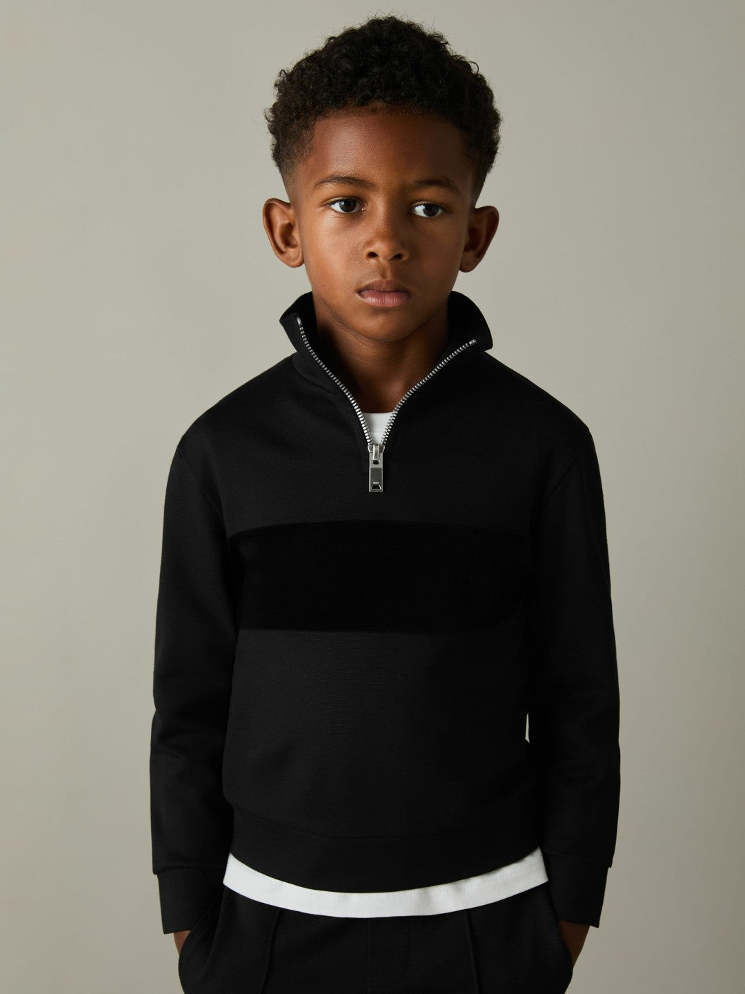9-13 yrs Slim Fit Half-Zip Funnel Neck Velour Sweatshirt in Black