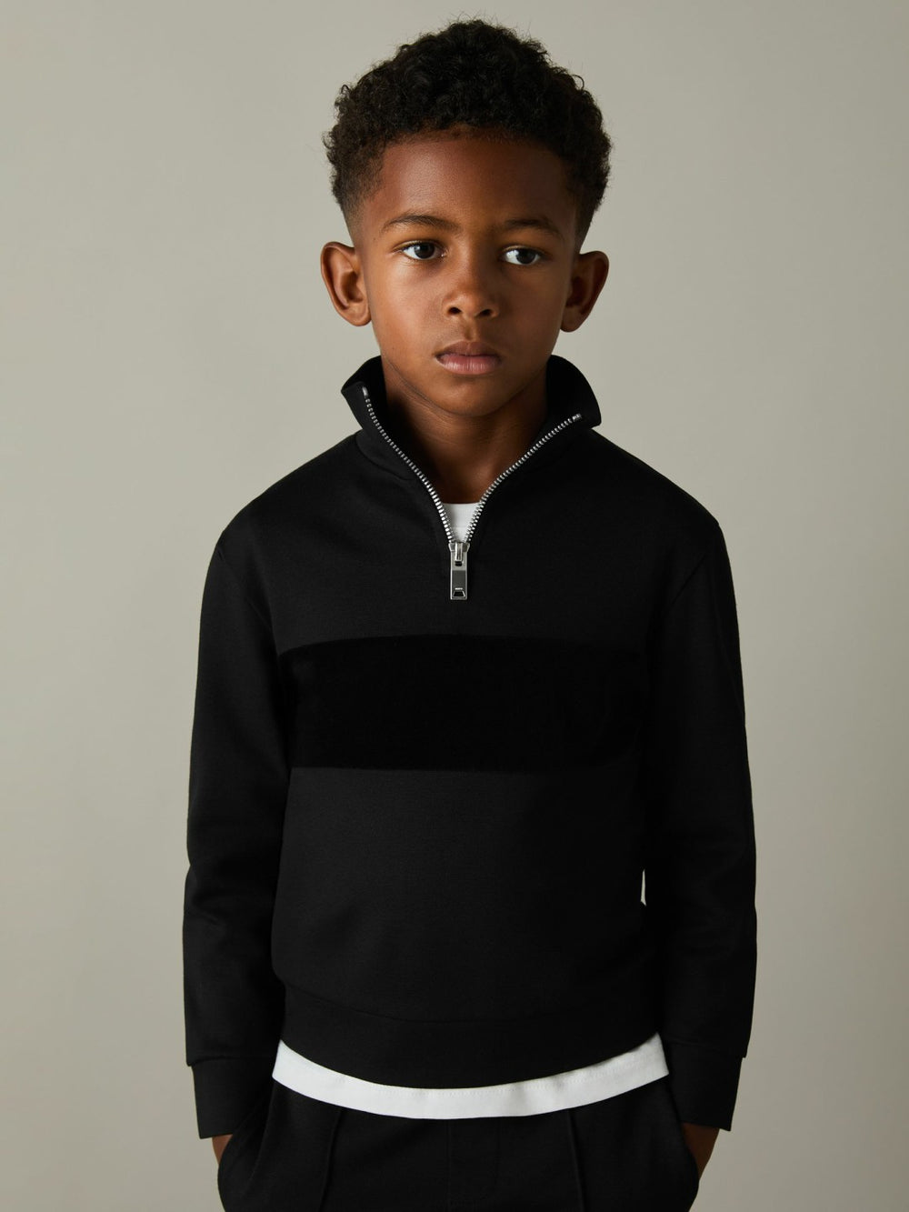 9-13 yrs Slim Fit Half-Zip Funnel Neck Velour Sweatshirt in Black