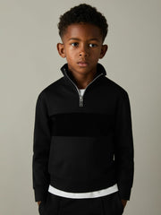9-13 yrs Slim Fit Half-Zip Funnel Neck Velour Sweatshirt in Black