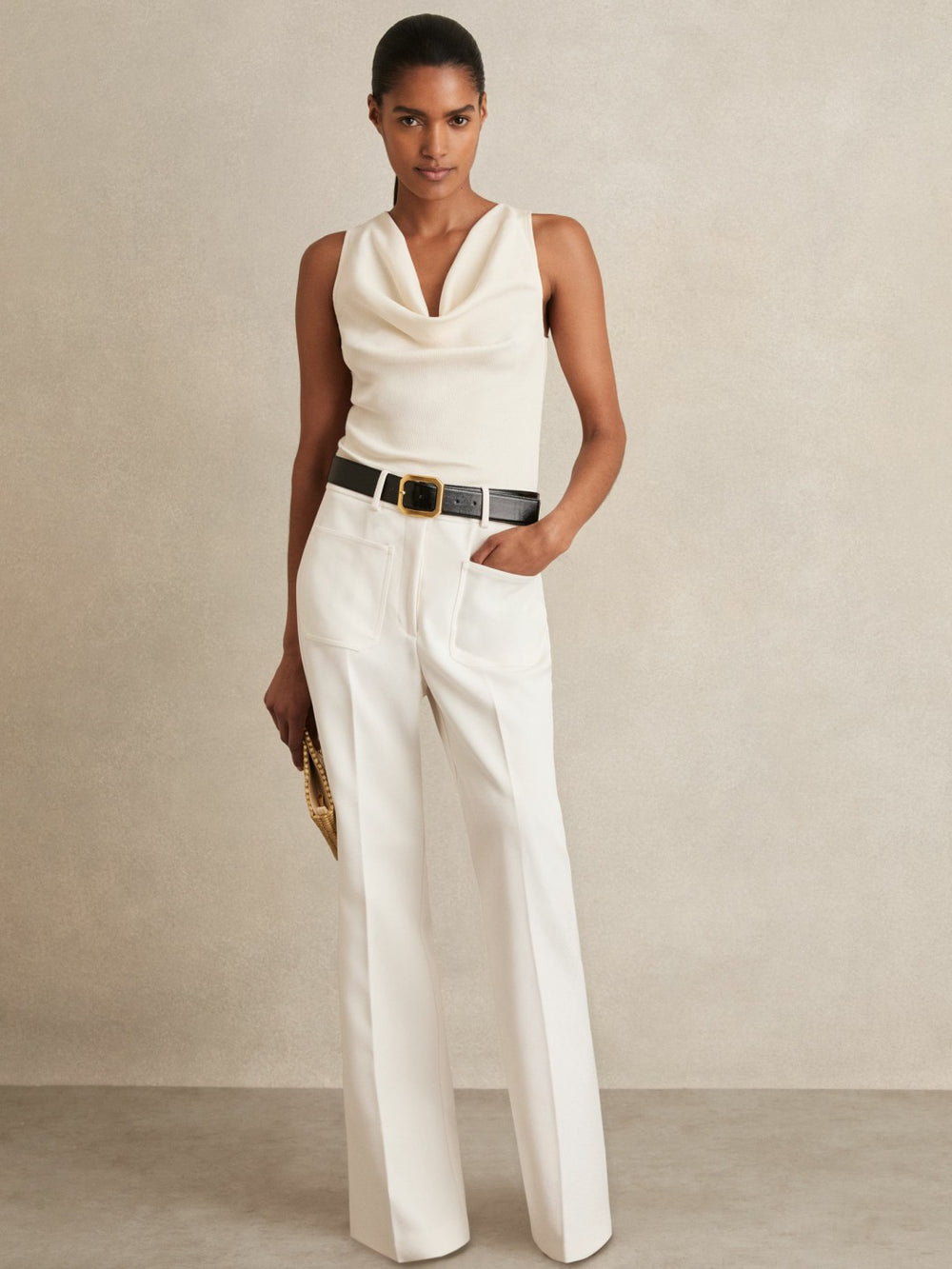 Petite Twill Patch-Pocket Flared Trousers in Cream