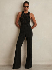 Twill Patch-Pocket Flared Trousers in Black