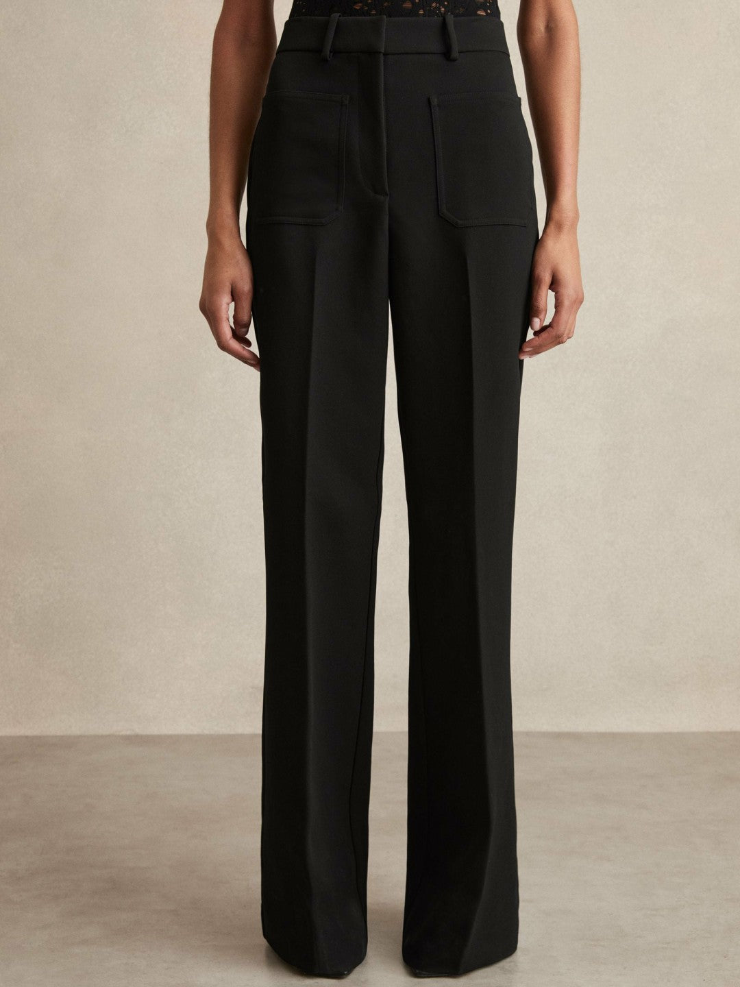 Twill Patch-Pocket Flared Trousers in Black