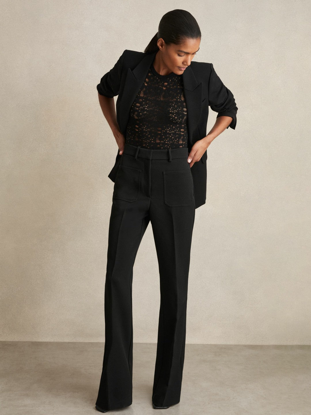 Twill Patch-Pocket Flared Trousers in Black
