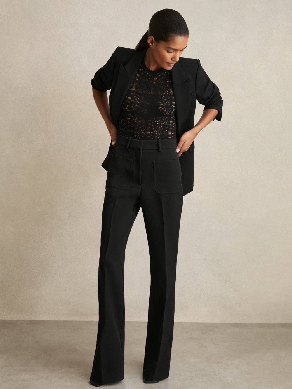 Twill Patch-Pocket Flared Trousers in Black
