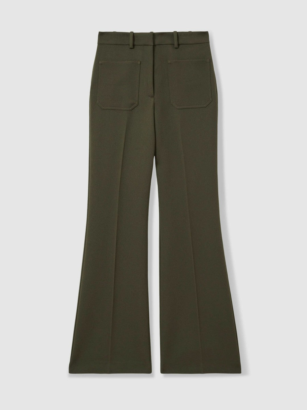 Petite Twill Patch-Pocket Flared Trousers in Green