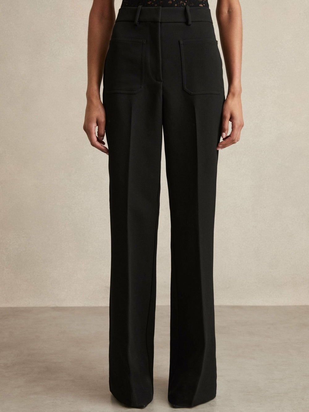 Petite Twill Patch-Pocket Flared Trousers in Black