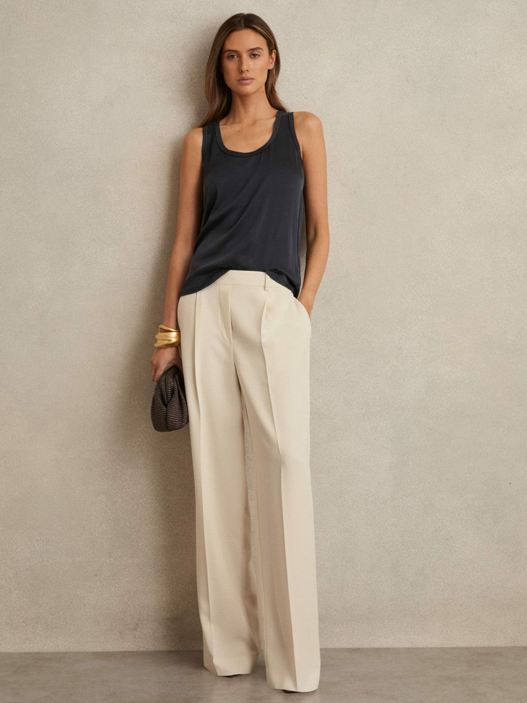 Elasticated-Waist Wide-Leg Twill Trousers in Cream