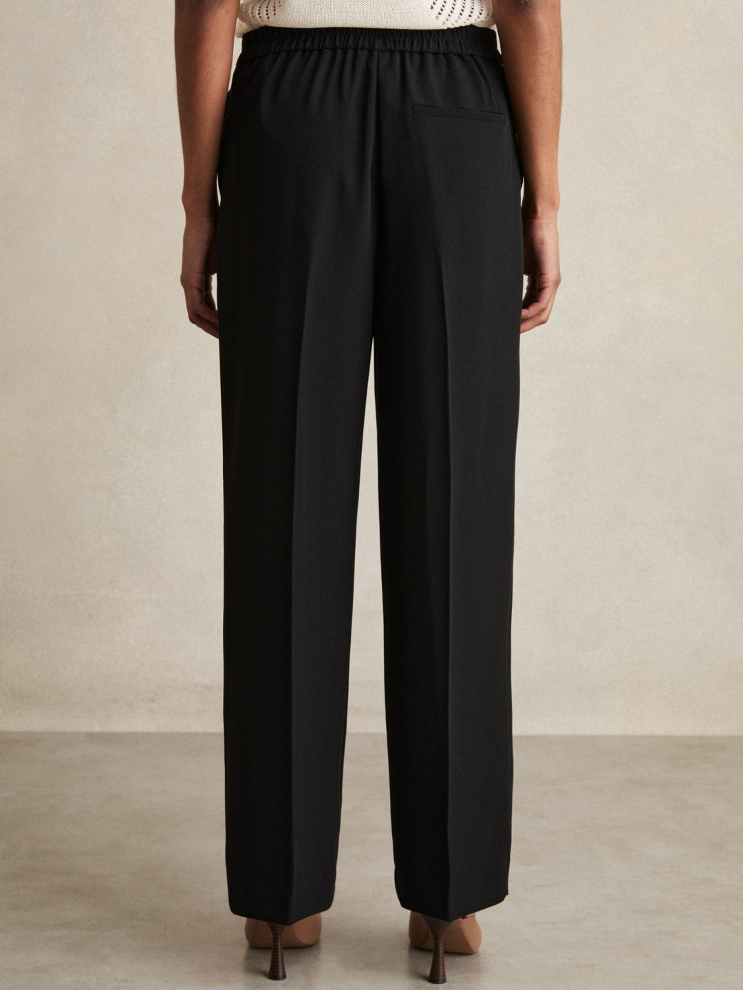 Petite Elasticated-Waist Wide-Leg Twill Trousers in Black