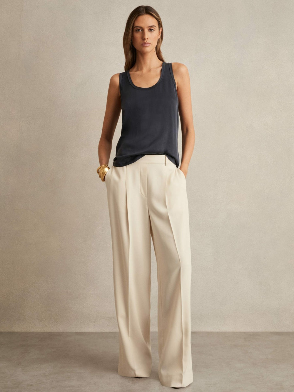 Petite Elasticated-Waist Wide-Leg Twill Trousers in Cream