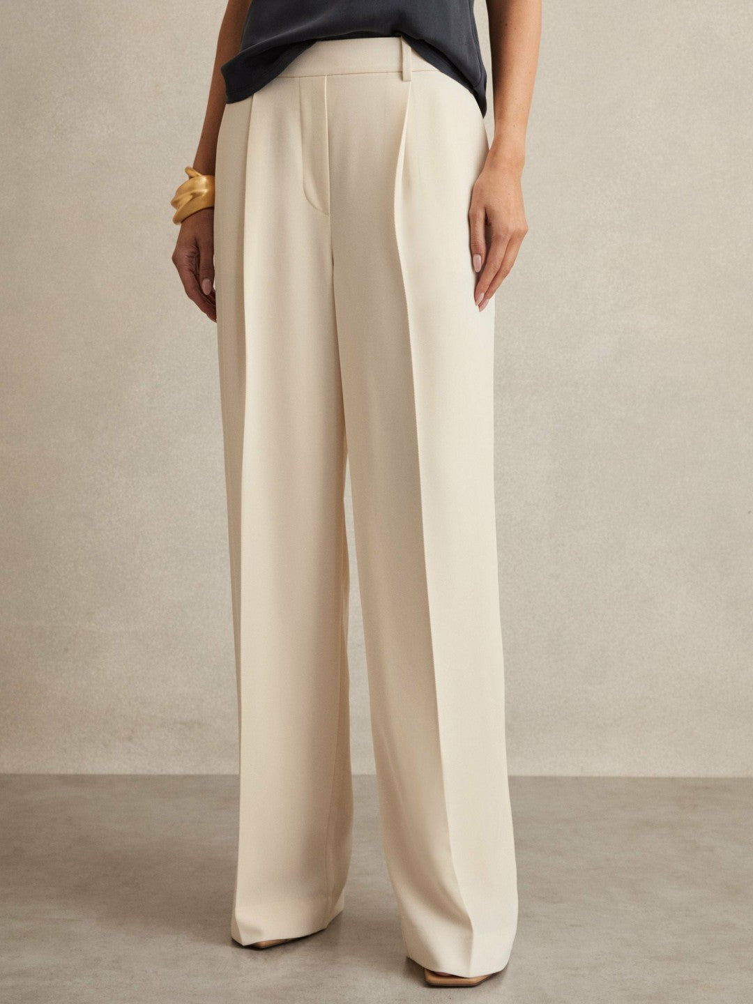 Petite Elasticated-Waist Wide-Leg Twill Trousers in Cream