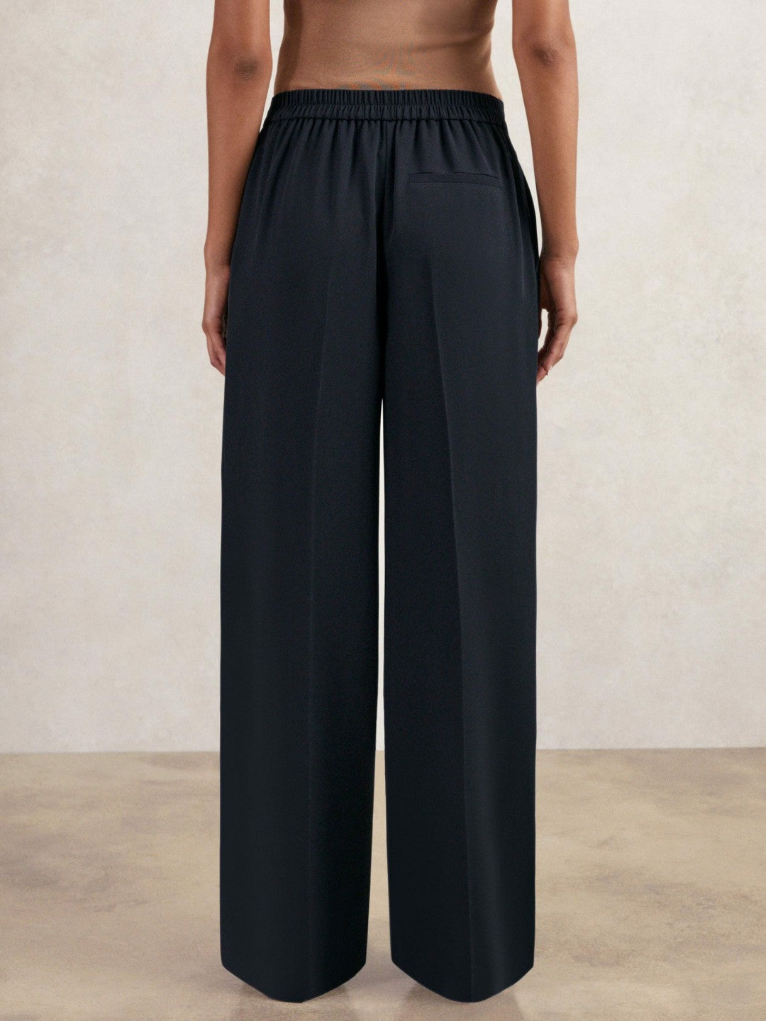 Petite Elasticated-Waist Wide-Leg Twill Trousers in Navy