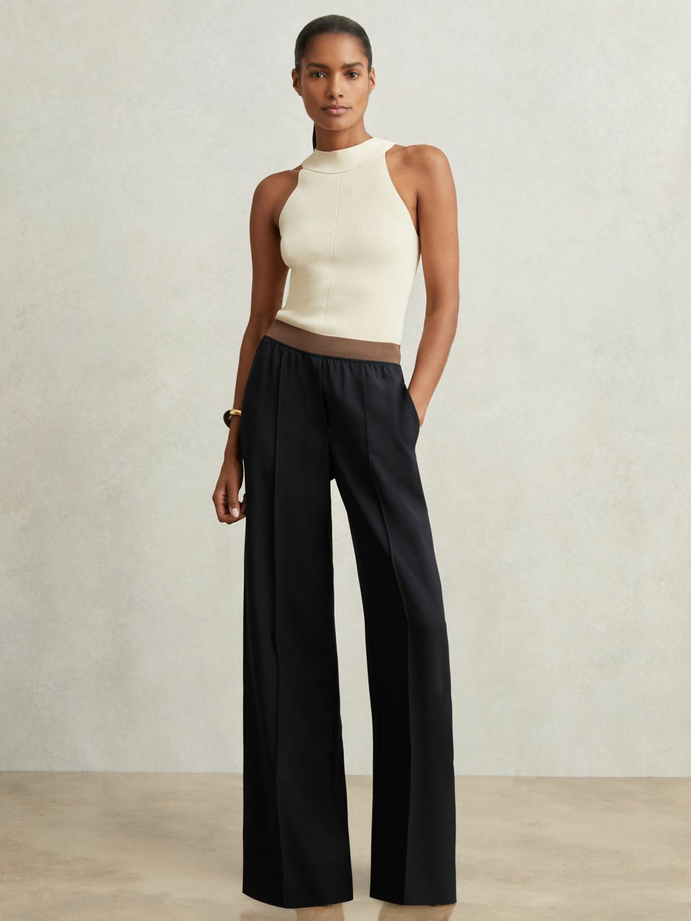 Elasticated-Waist Wide-Leg Twill Trousers in Navy
