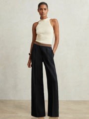 Elasticated-Waist Wide-Leg Twill Trousers in Navy