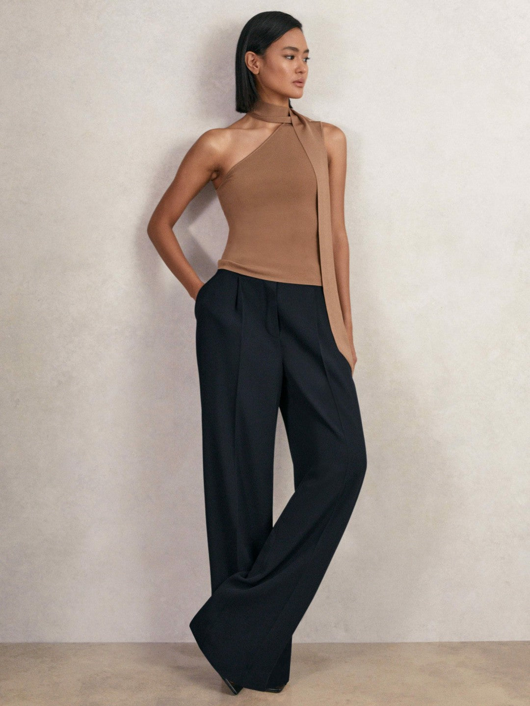 Elasticated-Waist Wide-Leg Twill Trousers in Navy
