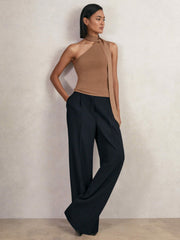 Elasticated-Waist Wide-Leg Twill Trousers in Navy