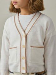 13-14 yrs Wool-Blend Tipped Cardigan in Cream
