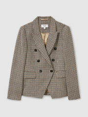 Cotton-Linen Double-Breasted Houndstooth-Check Blazer in Navy Neutral Check