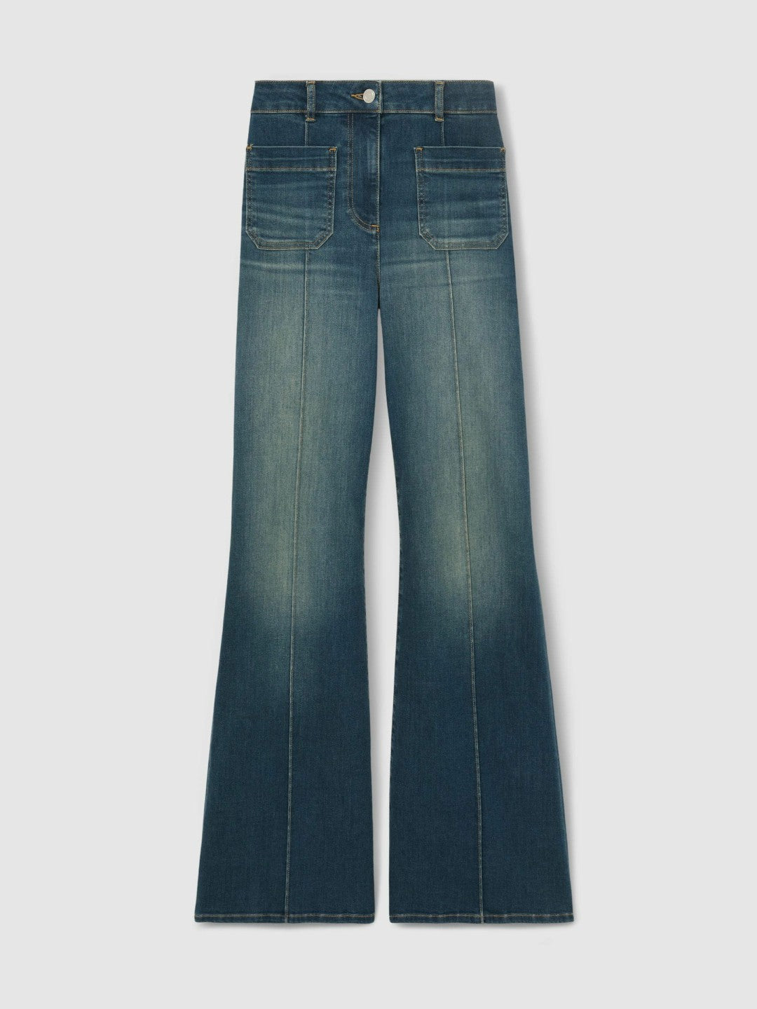 Petite Patch-Pocket Flared Jeans in Mid Blue